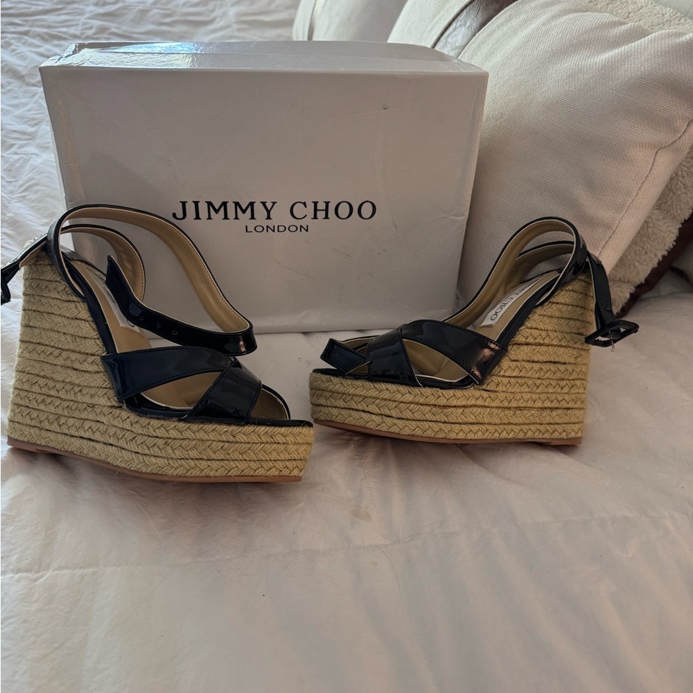 Jimmy Choo Black Patent Wedge Espadrilles
